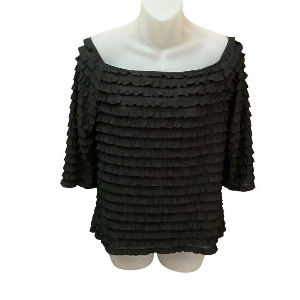 Frank Lyman Blouse Off Shoulder Ruffled Tiers Black Sheer Sleeves Lined Women 14
